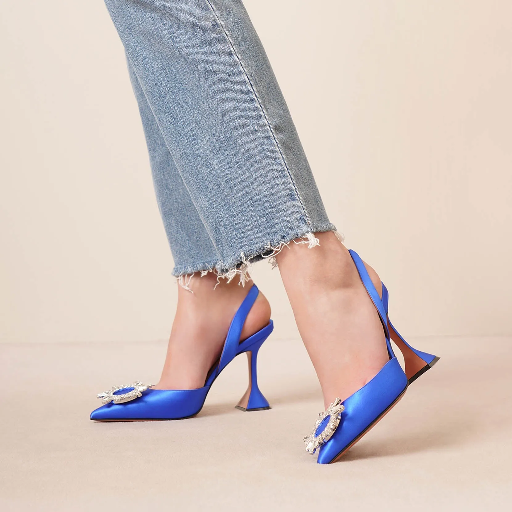 Begum sling crystal embellished blue satin pumps