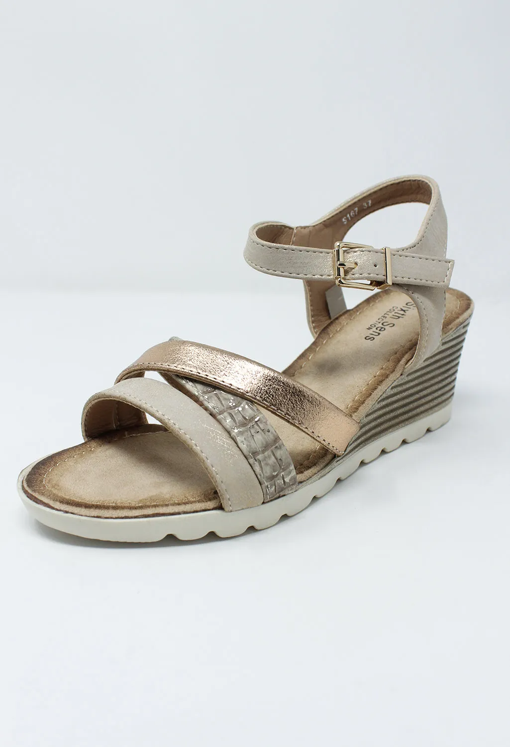 Beige Mid Wedge Cross Over Strap Sandal
