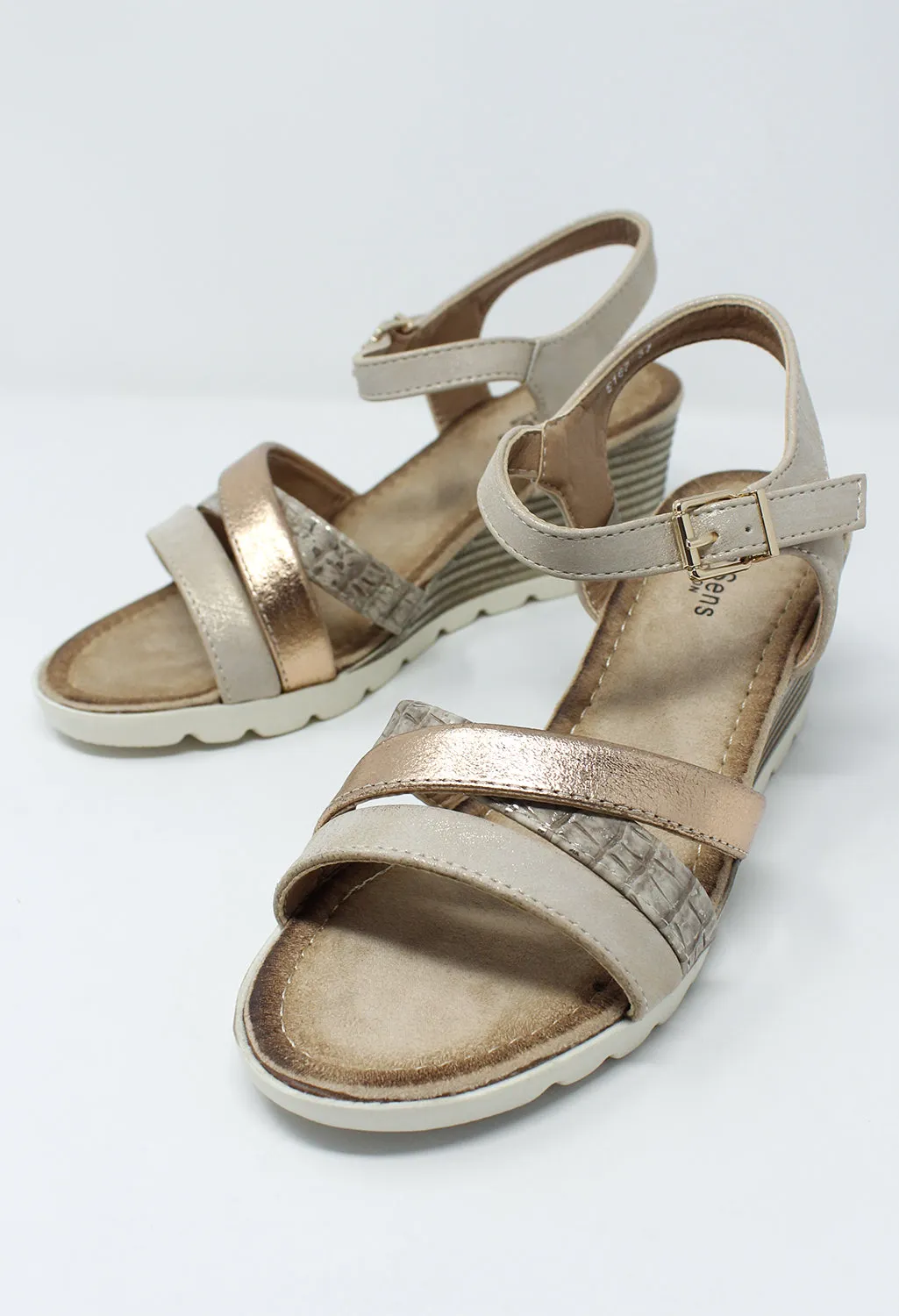 Beige Mid Wedge Cross Over Strap Sandal