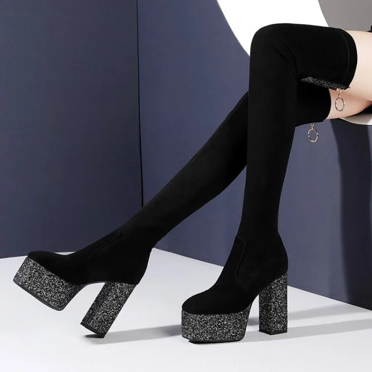 Black Stretch Platform Chunky Heel Over Knee Boots