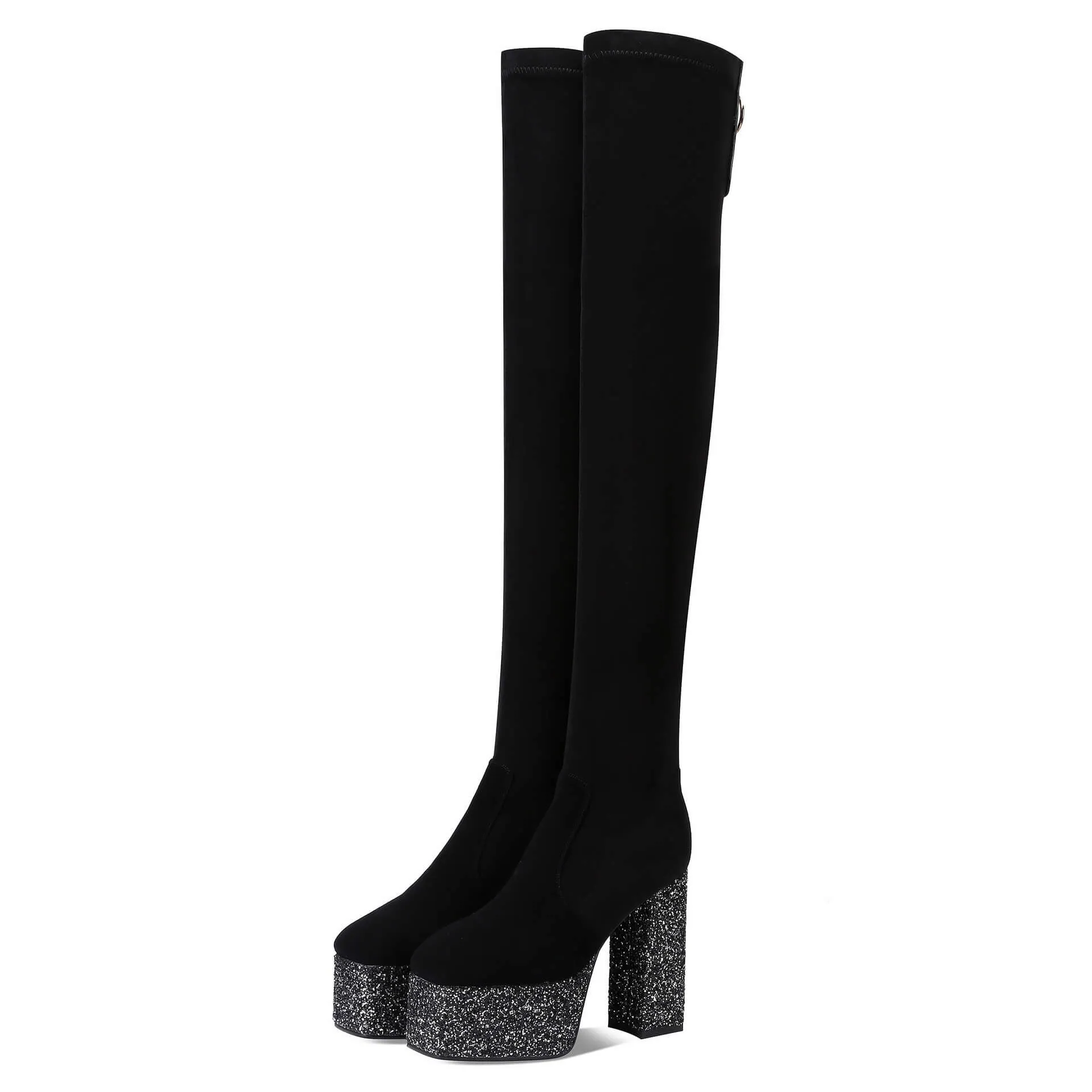 Black Stretch Platform Chunky Heel Over Knee Boots