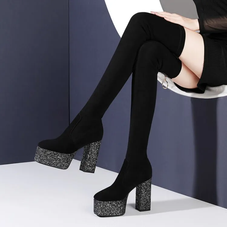 Black Stretch Platform Chunky Heel Over Knee Boots