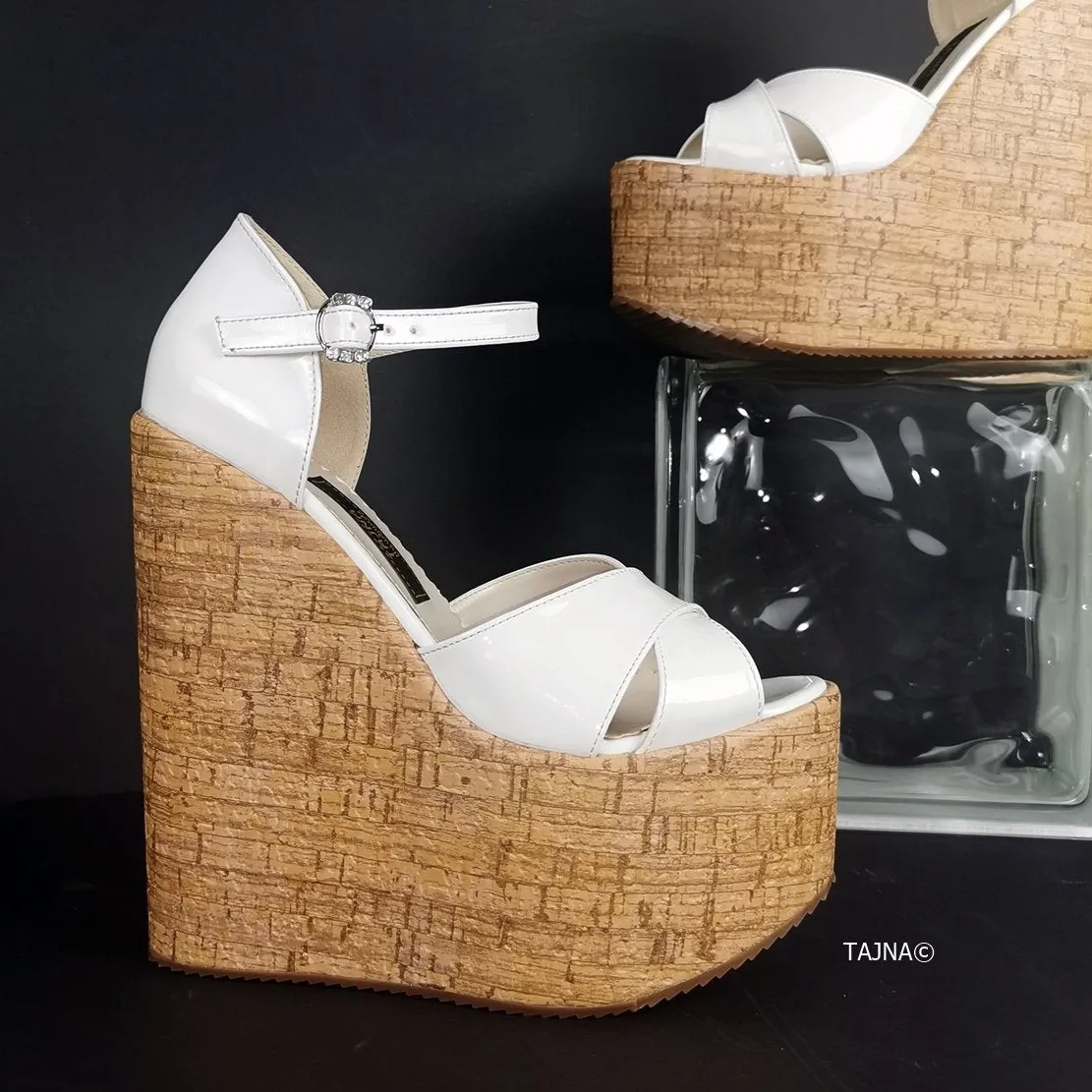 Cross Strap White Patent Cork Wedges