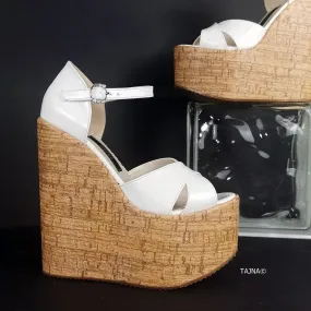 Cross Strap White Patent Cork Wedges