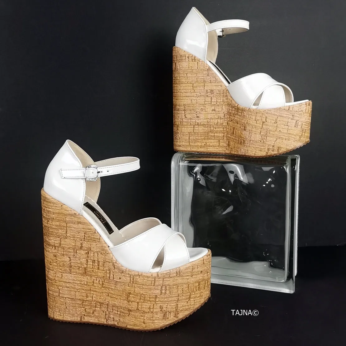 Cross Strap White Patent Cork Wedges