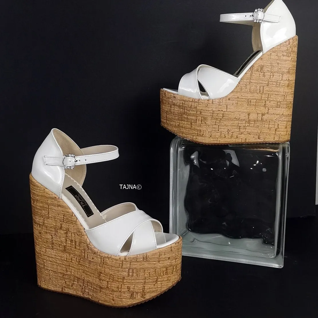 Cross Strap White Patent Cork Wedges