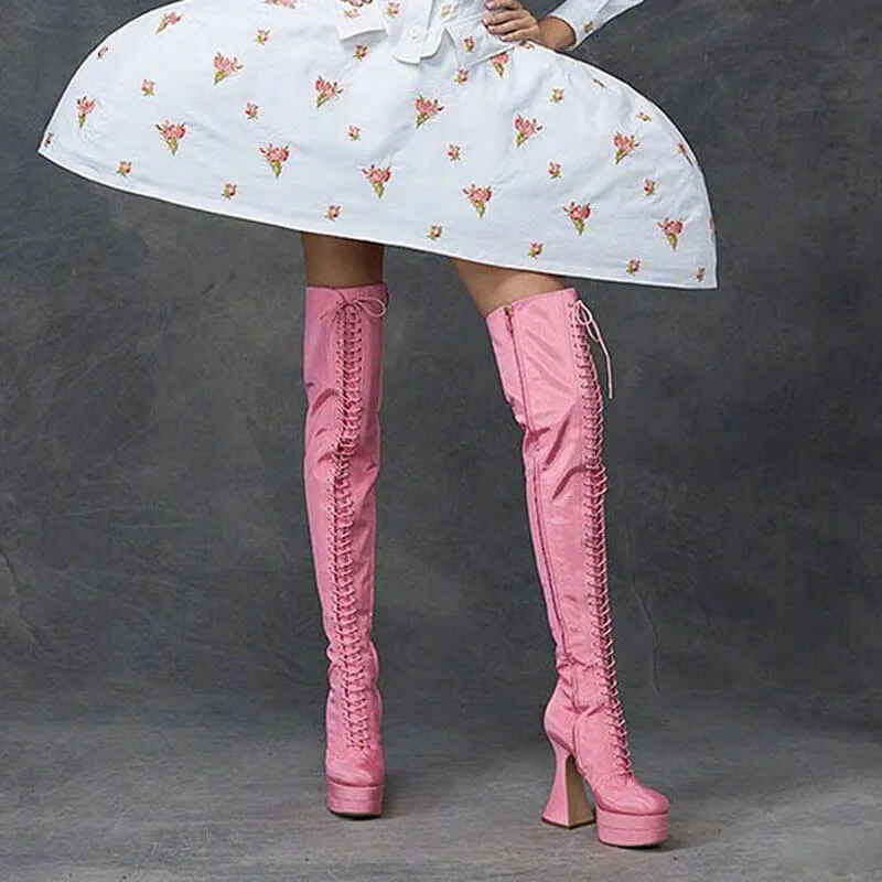 Fashion Bright Color Strap Platform High Heel Over Knee Boots