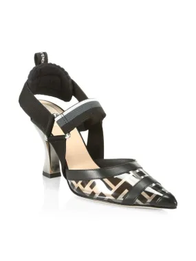 FENDI COLIBRI LEATHER TRIMMED CLEAR SLINGBACK PUMPS