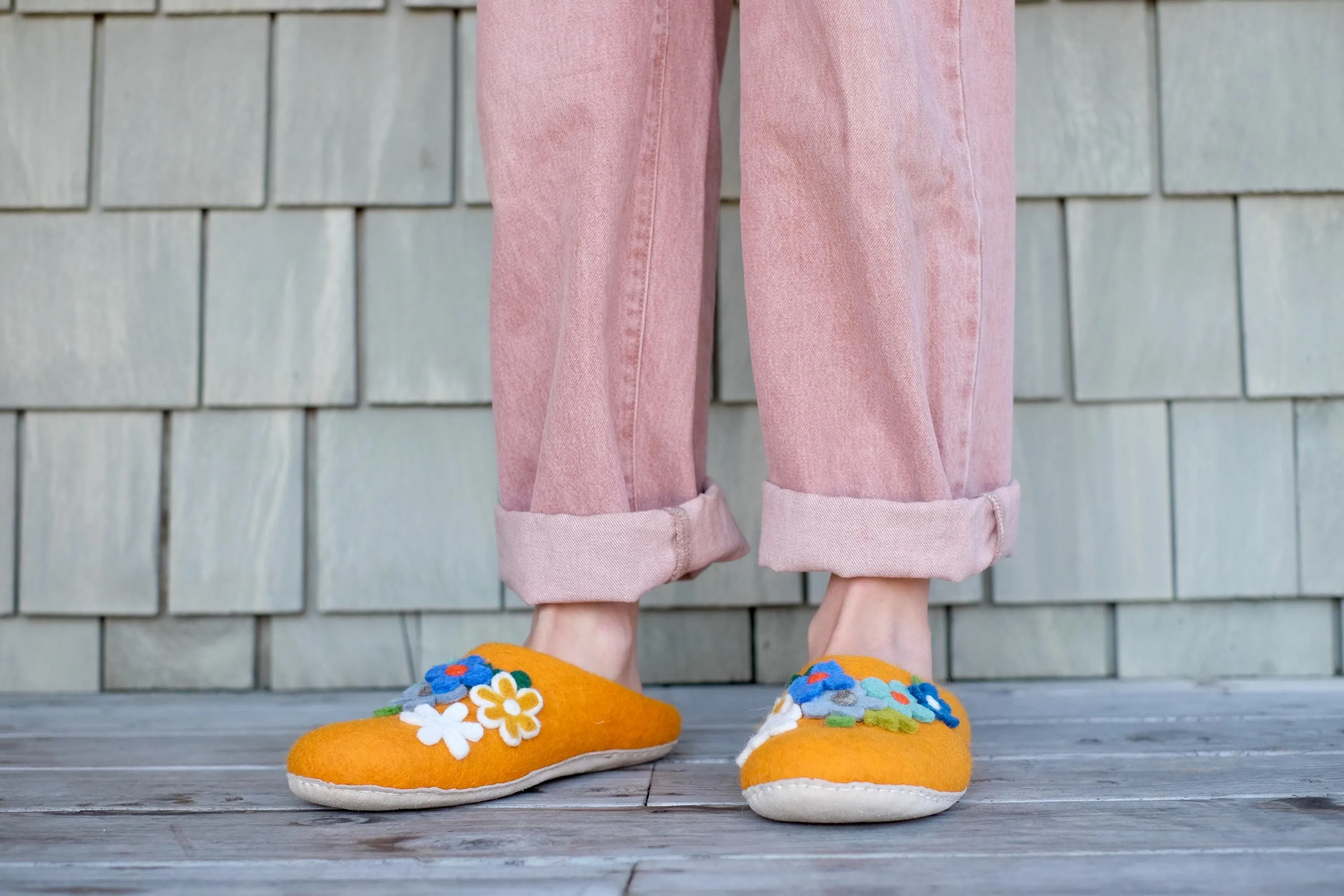 Floral Organic Merino Wool Slippers | Eco-Friendly Flower Design, Rubber or Leather Sole, Cozy Comfort Luxury Women Gift, Felt Flowers