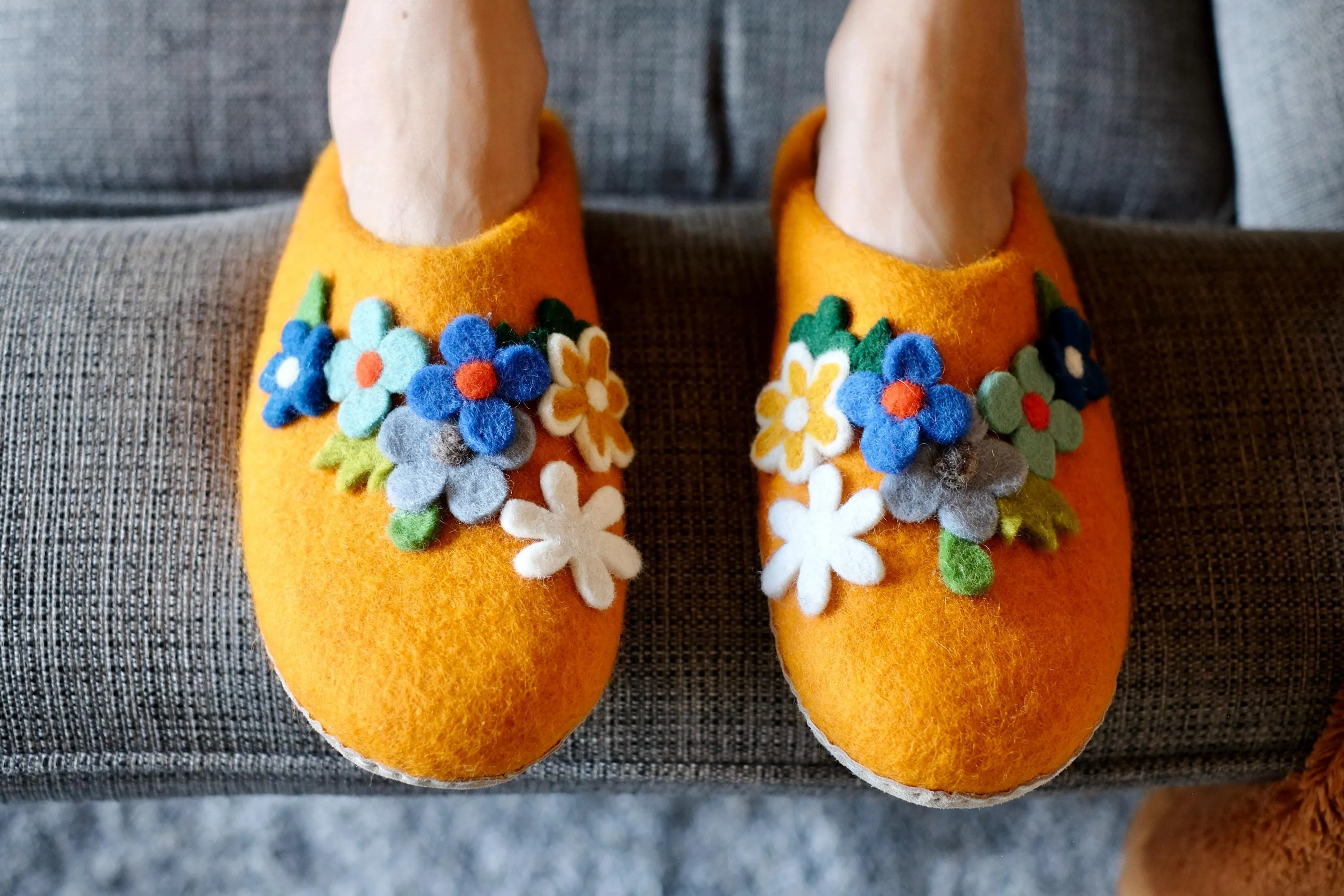 Floral Organic Merino Wool Slippers | Eco-Friendly Flower Design, Rubber or Leather Sole, Cozy Comfort Luxury Women Gift, Felt Flowers
