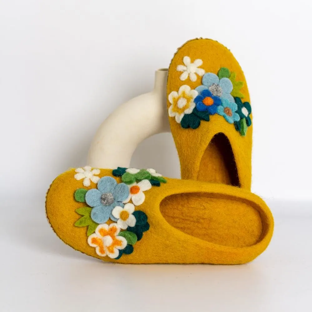 Floral Organic Merino Wool Slippers | Eco-Friendly Flower Design, Rubber or Leather Sole, Cozy Comfort Luxury Women Gift, Felt Flowers
