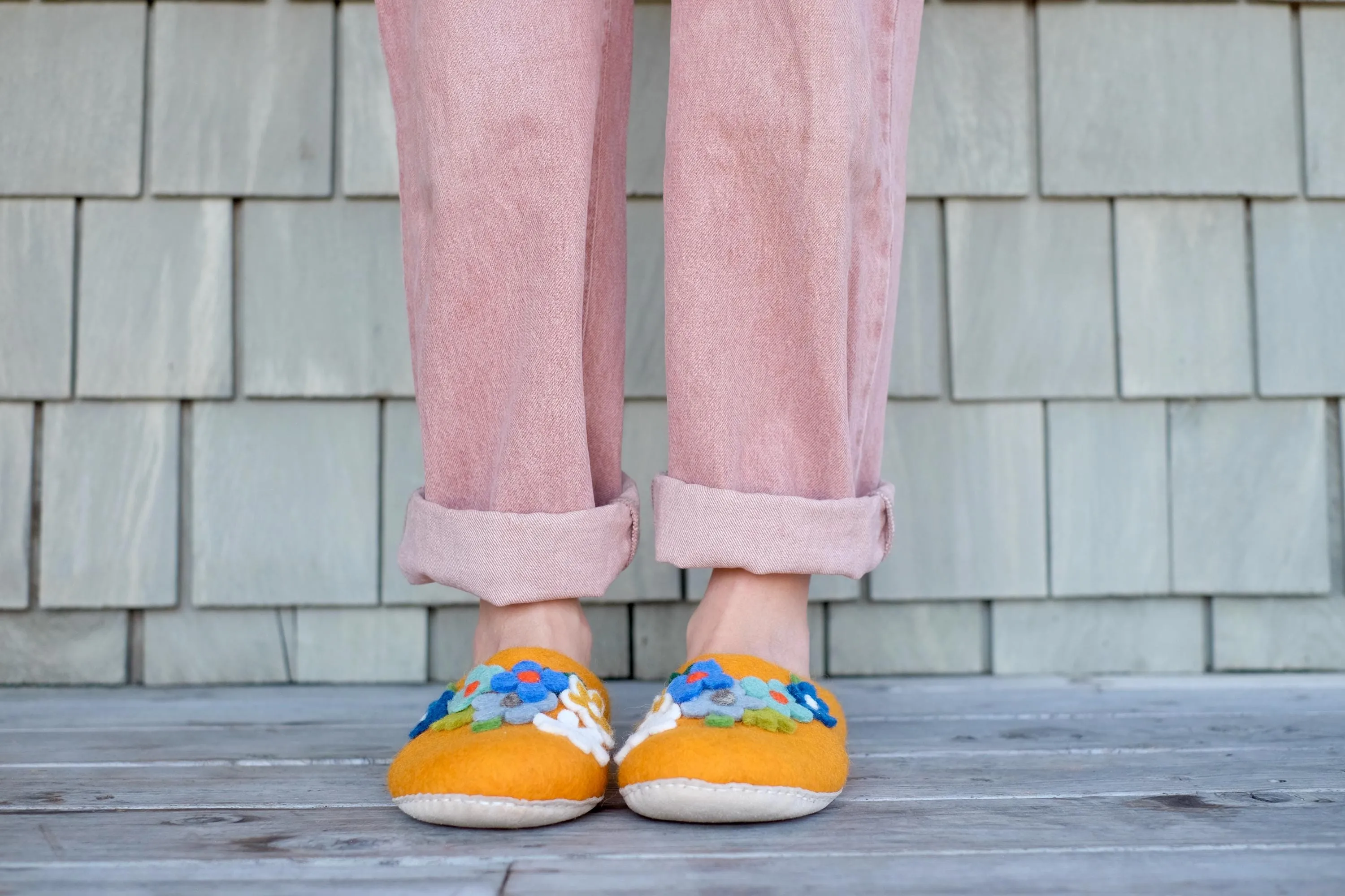 Floral Organic Merino Wool Slippers | Eco-Friendly Flower Design, Rubber or Leather Sole, Cozy Comfort Luxury Women Gift, Felt Flowers