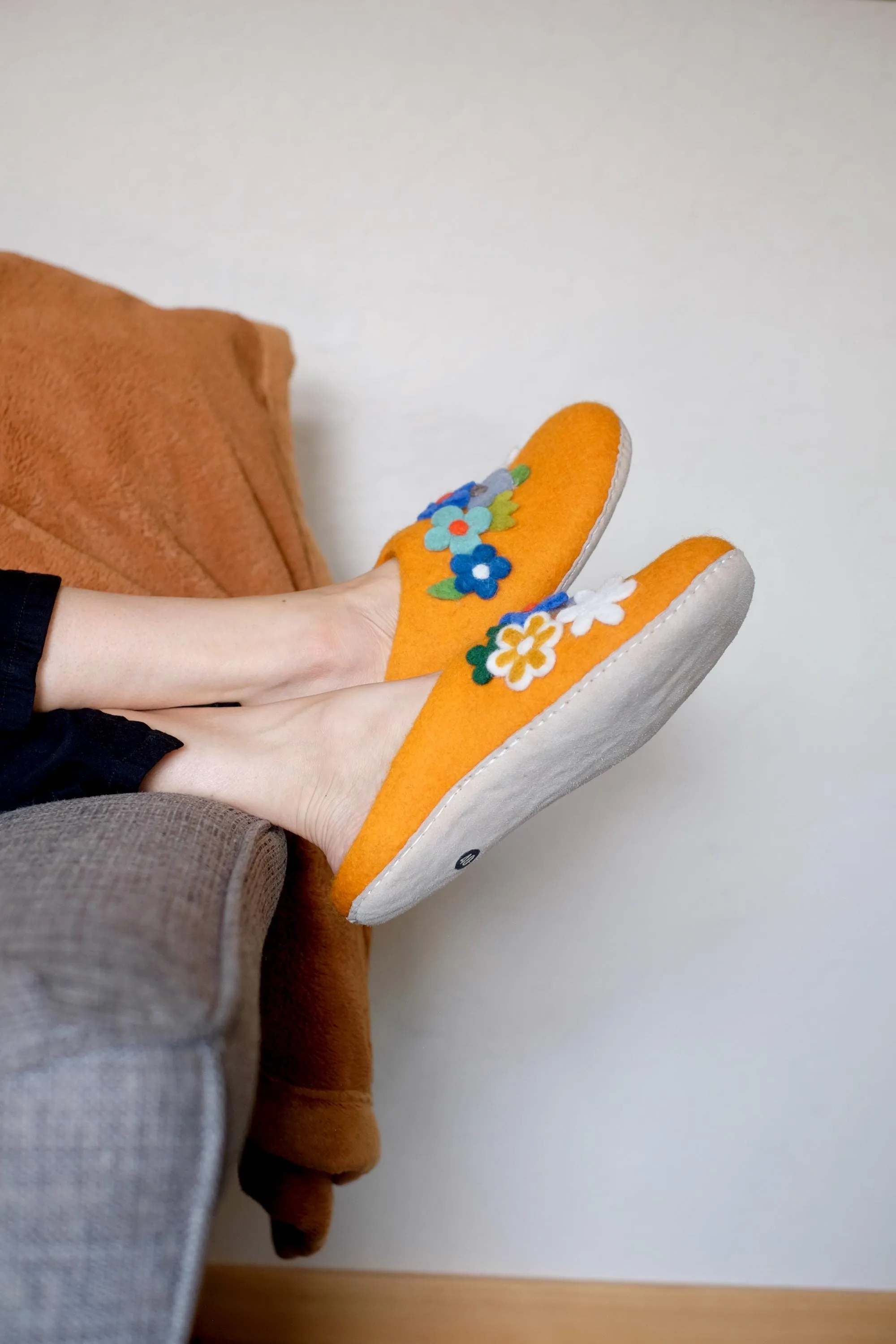 Floral Organic Merino Wool Slippers | Eco-Friendly Flower Design, Rubber or Leather Sole, Cozy Comfort Luxury Women Gift, Felt Flowers