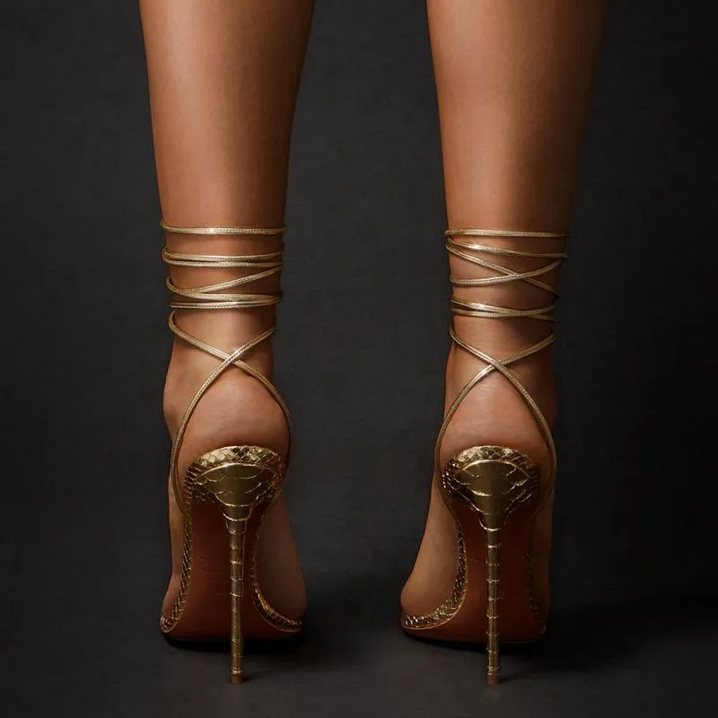 Gold snake strap stiletto sandals