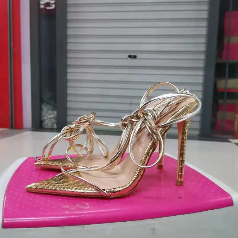 Gold snake strap stiletto sandals
