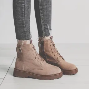 Lace Up Suede Zipper Flat Ankle Martin Boots