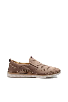 Men's Beige Perforated Slip-On Loafers with Cushioned Sole - Wessi
