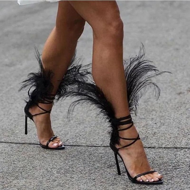 Party Fur Strap Open Toe High Heel Sandals