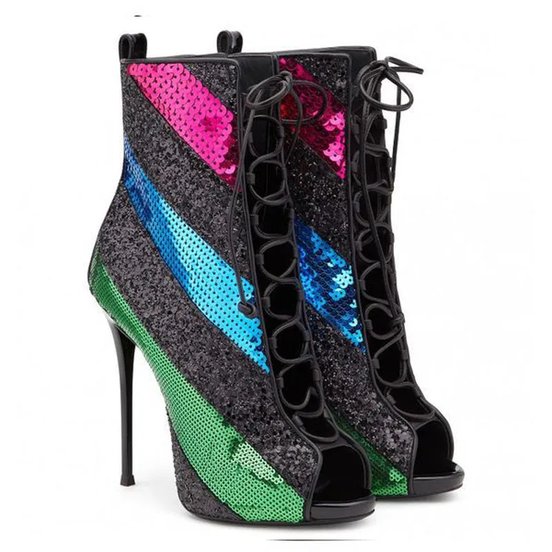 Peep Toe Sequin Strap Colorblock High Heel Sandals