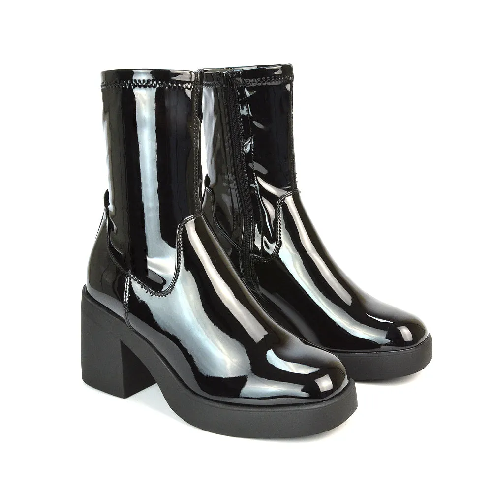 Sasha Block High Heel Platform Sock Ankle Boots in Black Patent