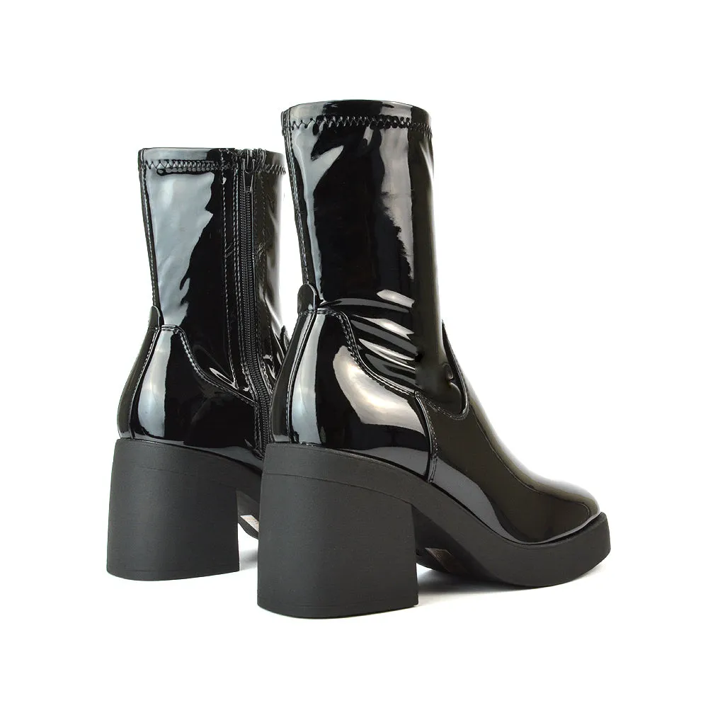 Sasha Block High Heel Platform Sock Ankle Boots in Black Patent