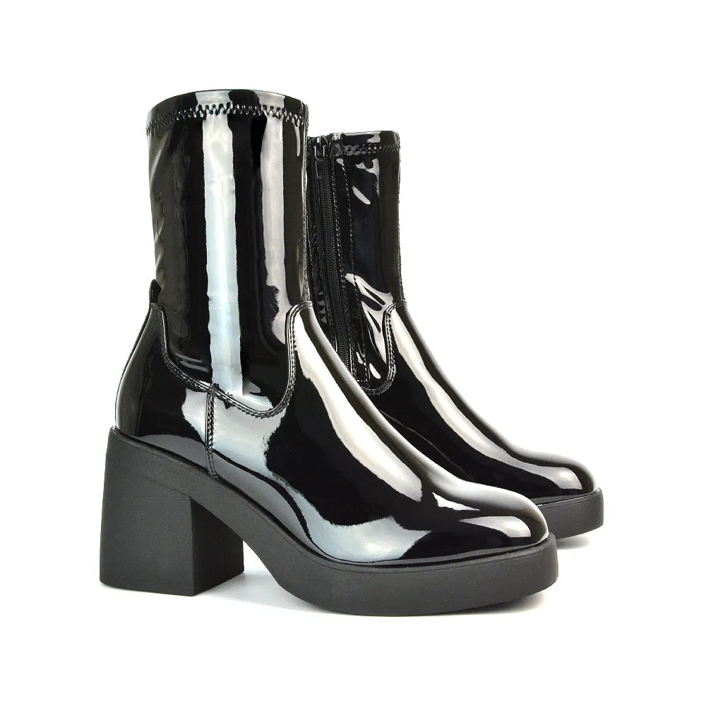 Sasha Block High Heel Platform Sock Ankle Boots in Black Patent