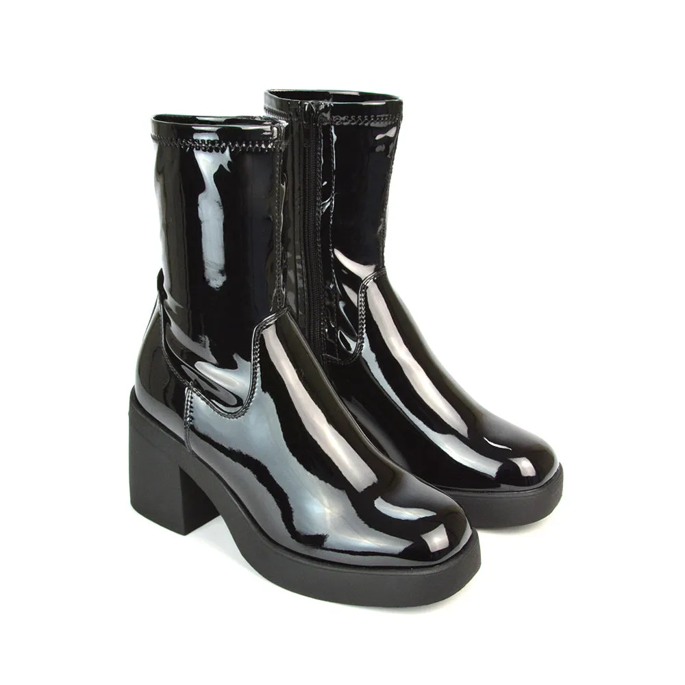 Sasha Block High Heel Platform Sock Ankle Boots in Black Patent