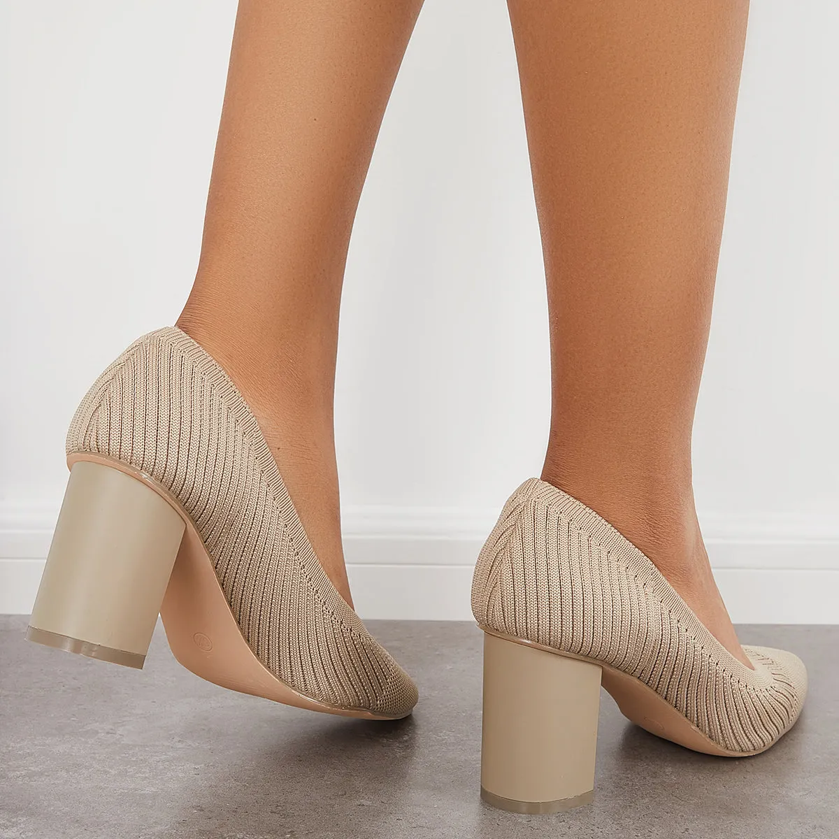 Sohiwoo woman formal Women Knit Office Pumps Pointed Toe Chunky Heel Dress Shoes