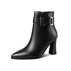 TinaCus Genuine Leather Women's Handmade Side Zip Up Modern Buckle High Heel Pointed Toe Ankle Booties