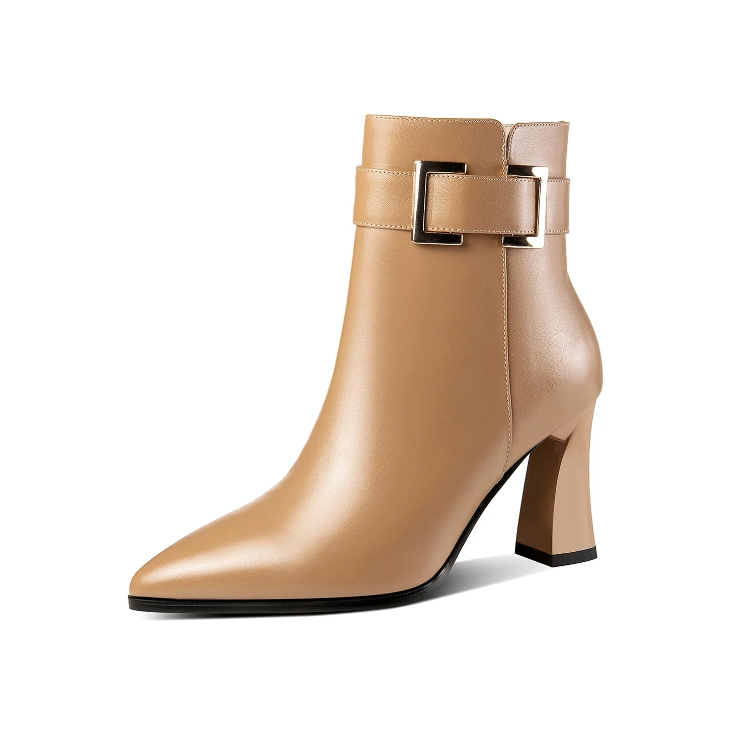TinaCus Genuine Leather Women's Handmade Side Zip Up Modern Buckle High Heel Pointed Toe Ankle Booties