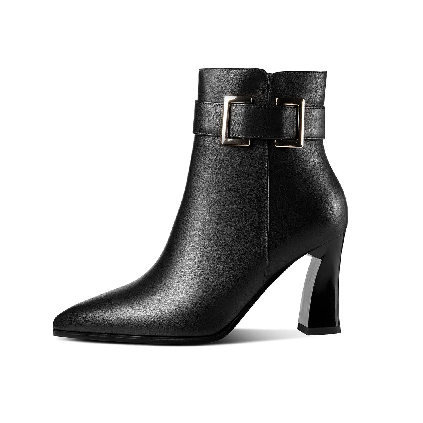 TinaCus Genuine Leather Women's Handmade Side Zip Up Modern Buckle High Heel Pointed Toe Ankle Booties