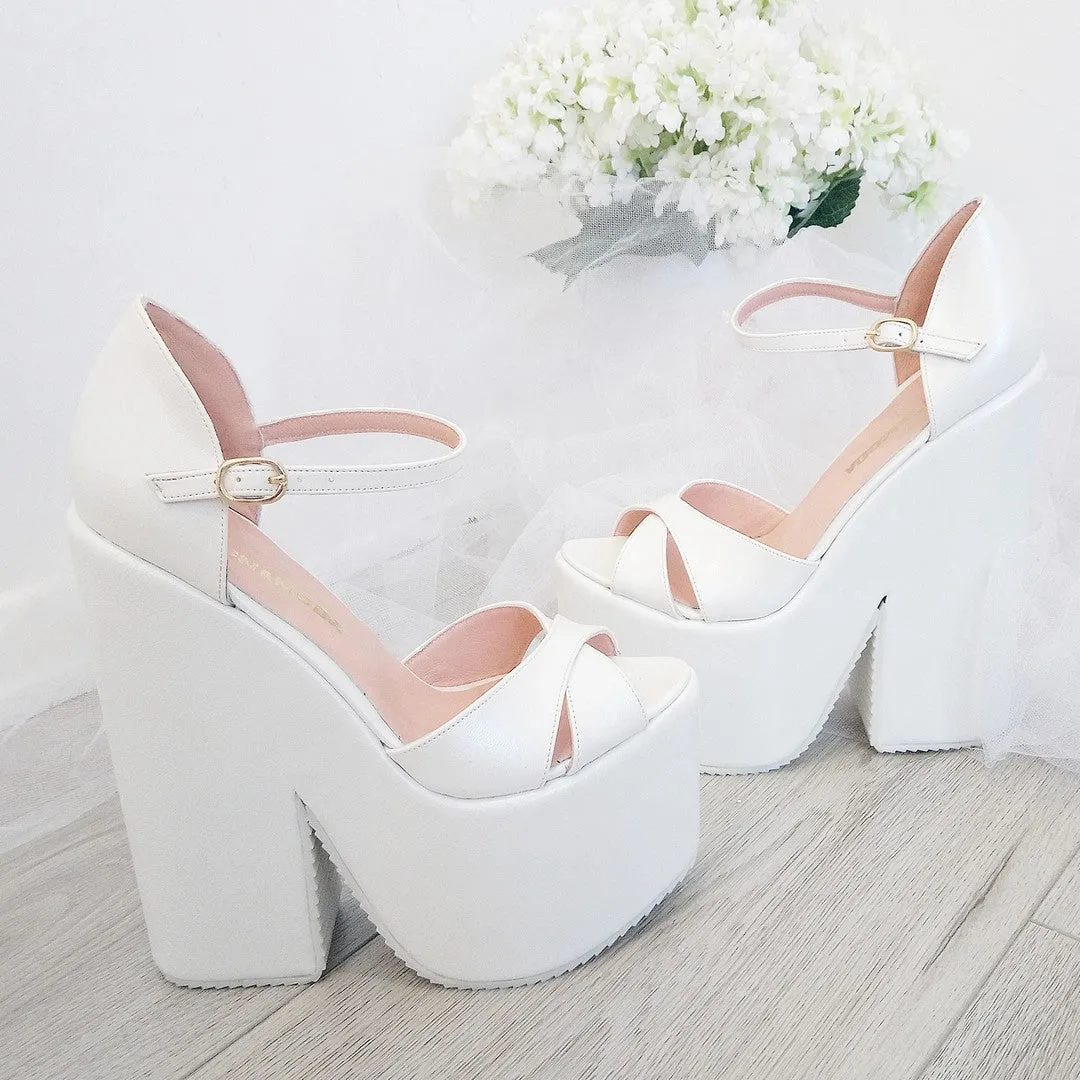 White Cross Strap Platform Wedge Bridal Shoes