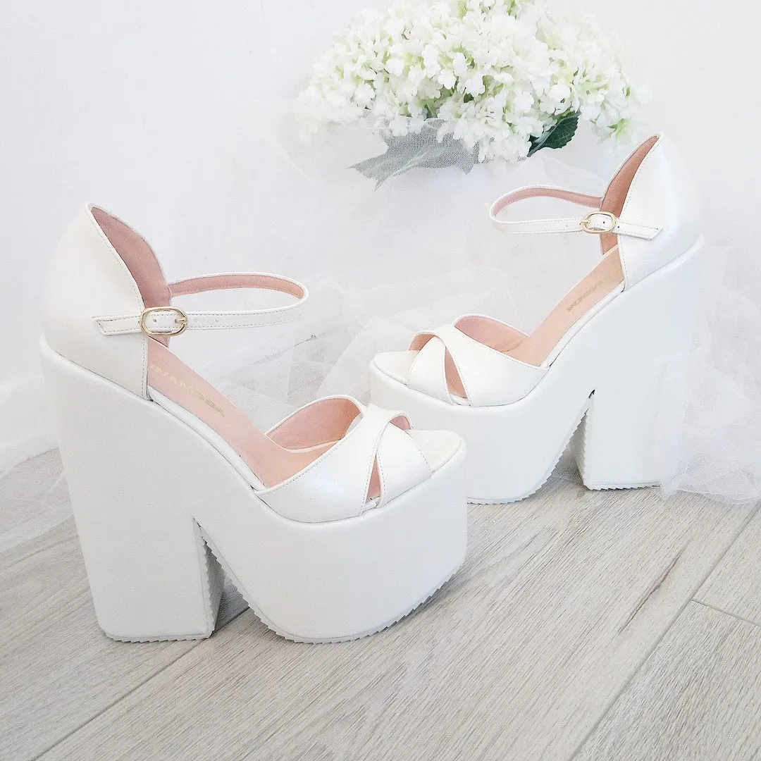 White Cross Strap Platform Wedge Bridal Shoes