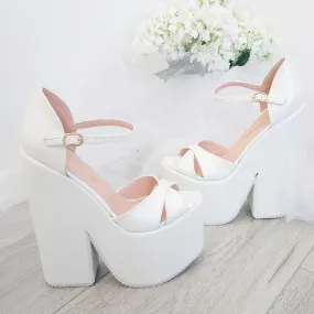 White Cross Strap Platform Wedge Bridal Shoes