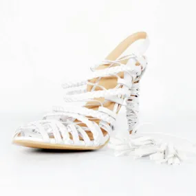 White Strap Lace Up Fringe Sandals