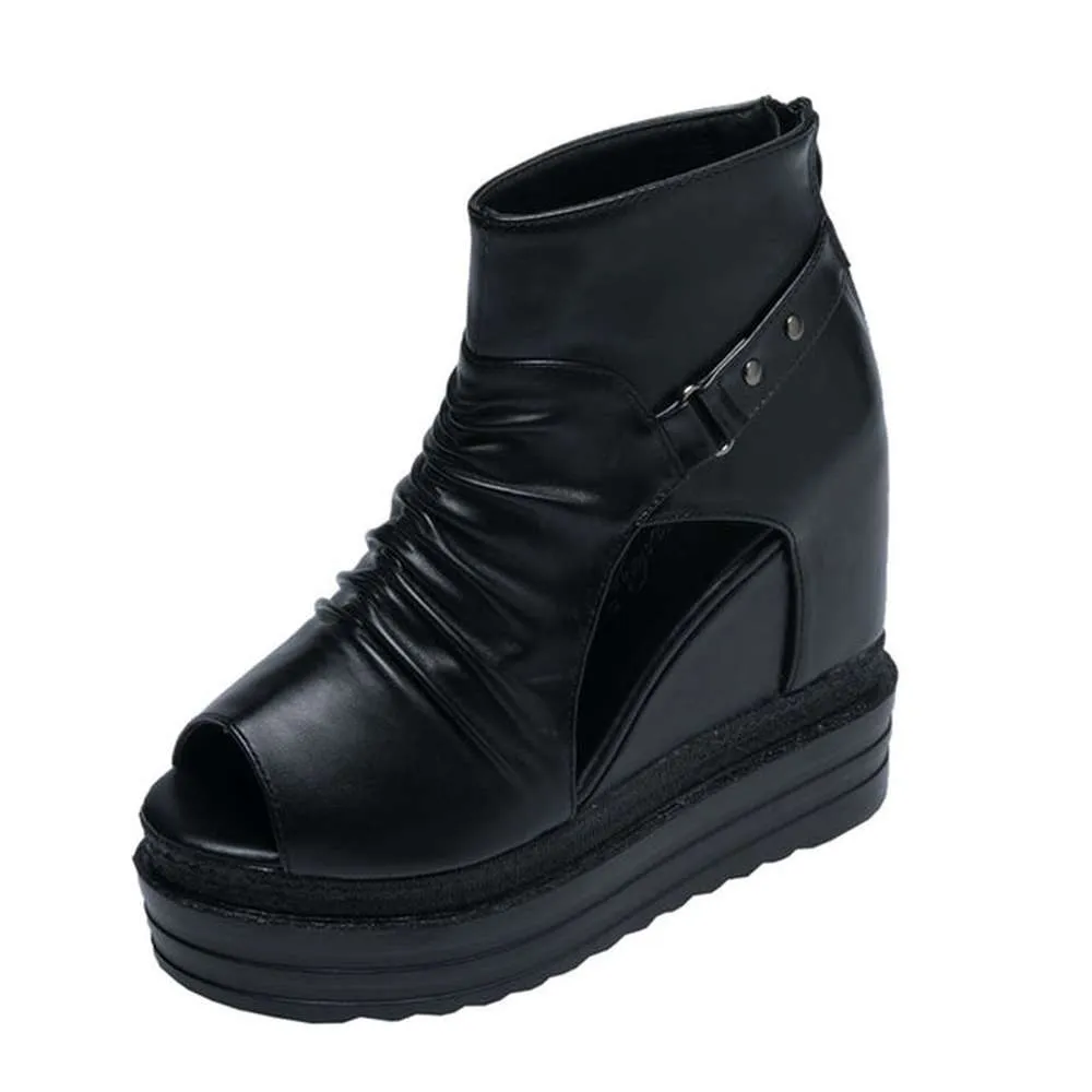 Women Open Toe Ankle Heel Hollow Out Wedge Boots