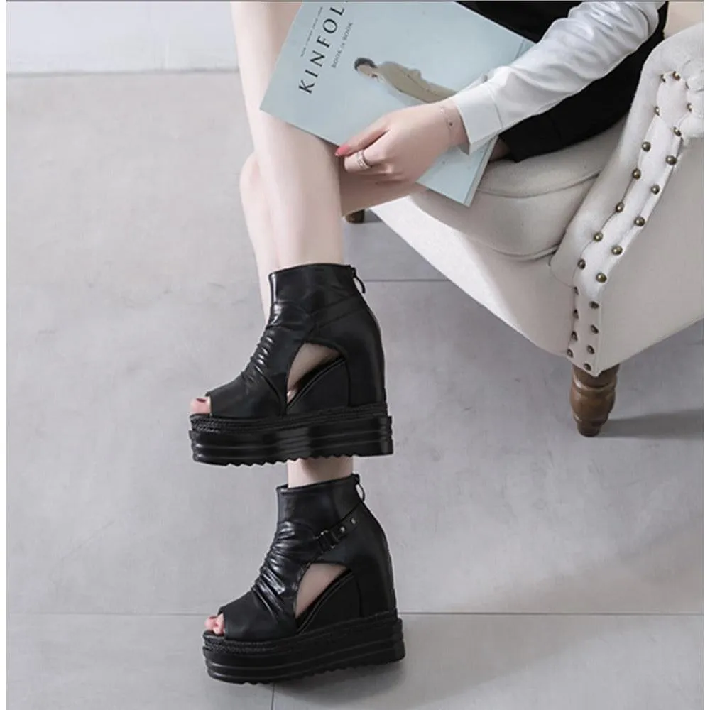 Women Open Toe Ankle Heel Hollow Out Wedge Boots