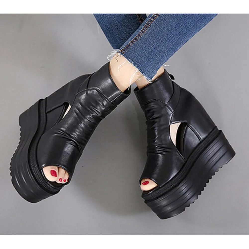 Women Open Toe Ankle Heel Hollow Out Wedge Boots