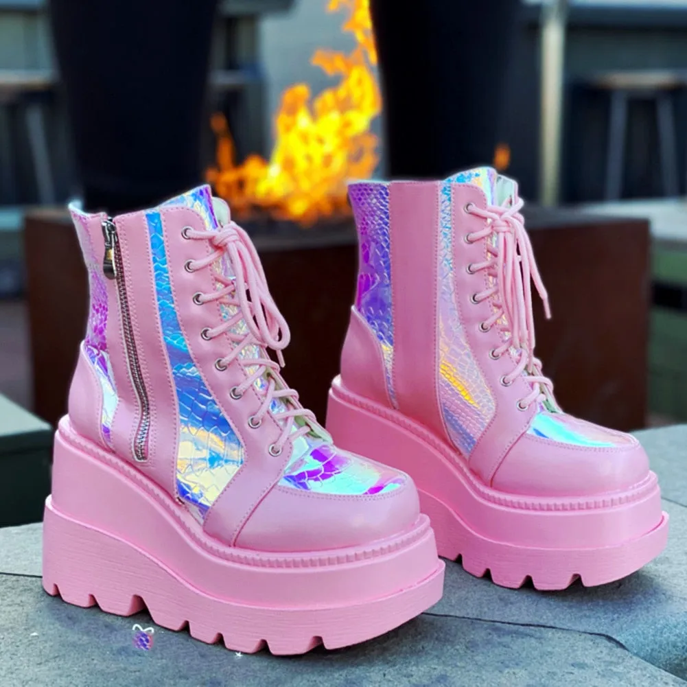 Women Wedges Zip Ankle Colourful Boots