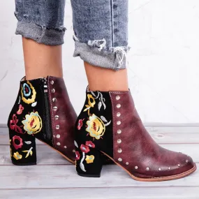 Women's Autumn PU Leather Heeled Ankle Boots With Flower Embroidery