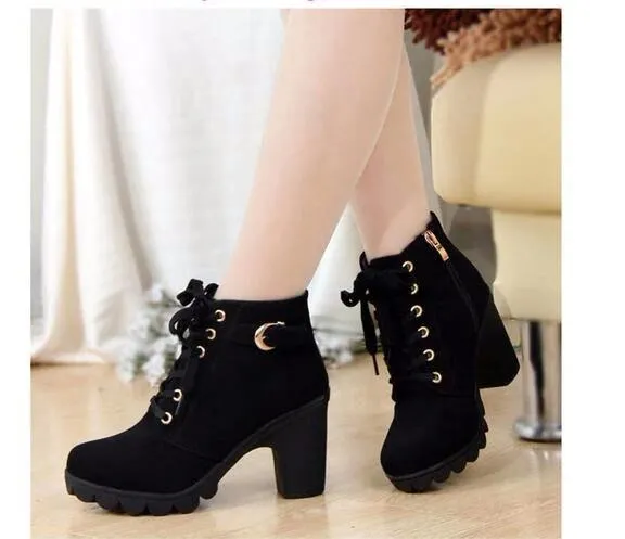 Women's chunky heels combat boots lace-up round toe booties