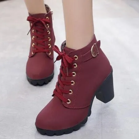 Women's chunky heels combat boots lace-up round toe booties