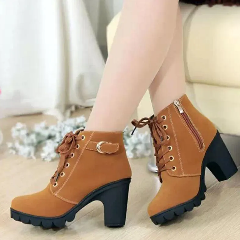 Women's chunky heels combat boots lace-up round toe booties