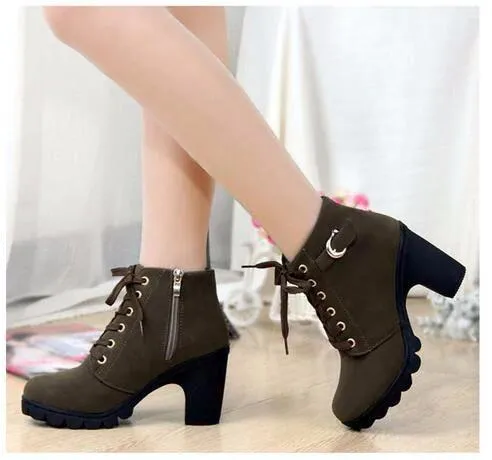 Women's chunky heels combat boots lace-up round toe booties