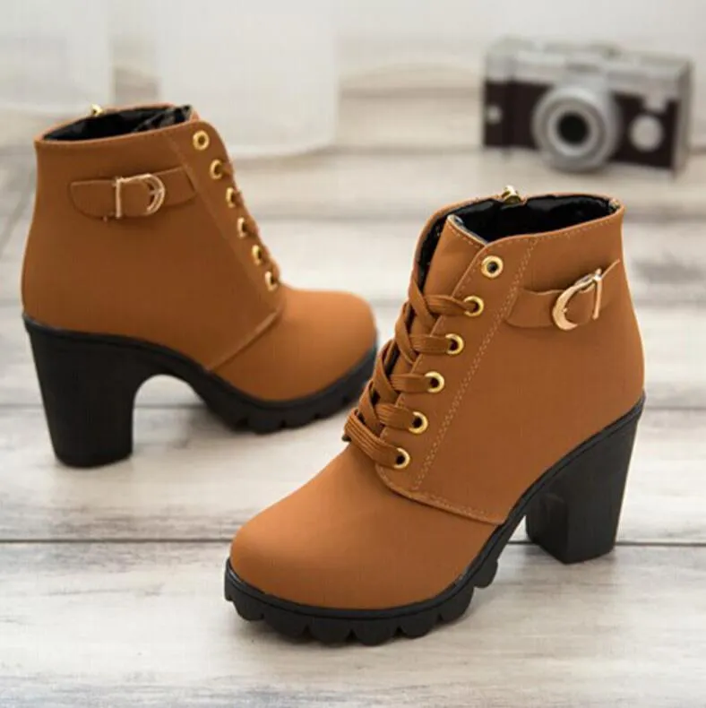 Women's chunky heels combat boots lace-up round toe booties