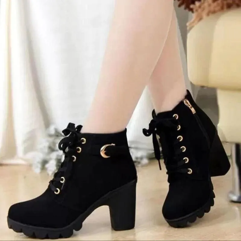 Women's chunky heels combat boots lace-up round toe booties