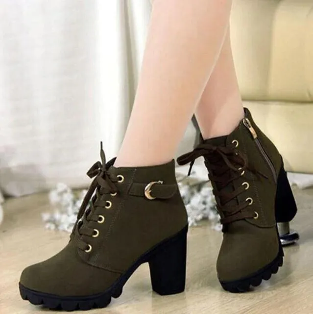 Women's chunky heels combat boots lace-up round toe booties
