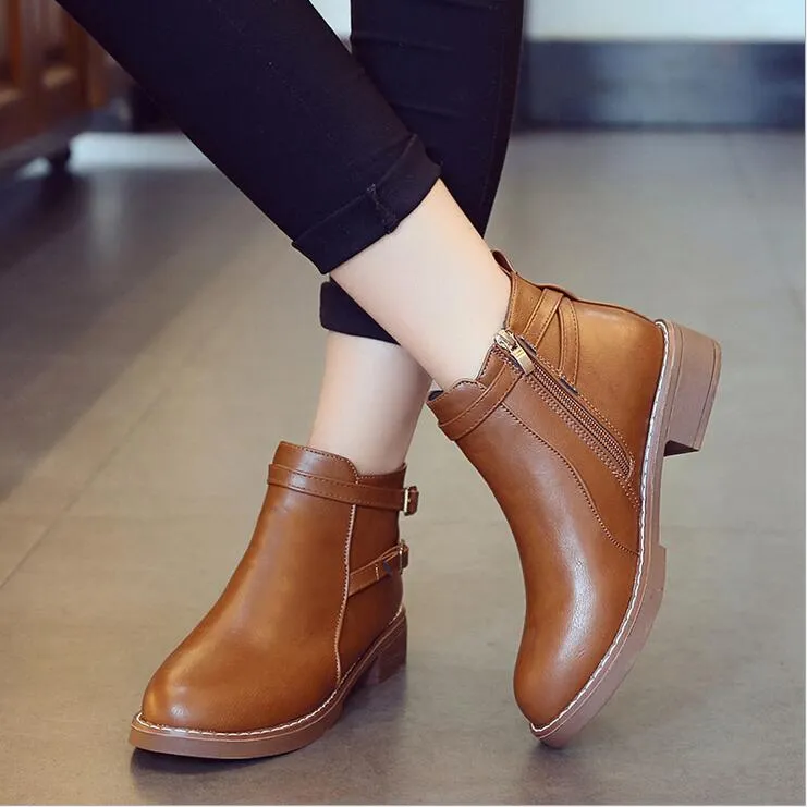 Women's Winter Casual Low-Heeled PU Leather Ankle Boots