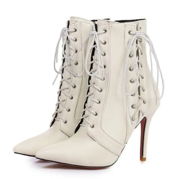 Women's Winter Lace-Up PU Leather Cross-Tied High-Heeled Ankle Boots