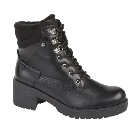Zoffany Ladies chunky heel lace up ankle boot with cleated sole and fur lining. Inside zip